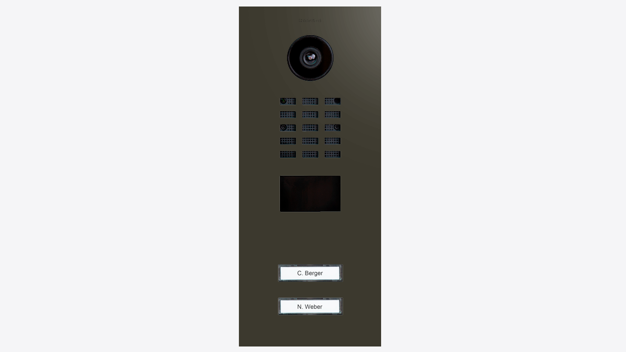Grey video door station with camera lens, keypad buttons, and label display
