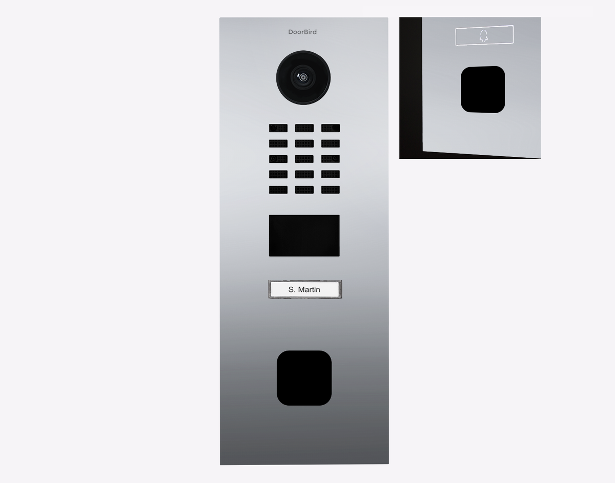 DoorBird video door station in chrome, with camera lens, keypad buttons, and speaker grille