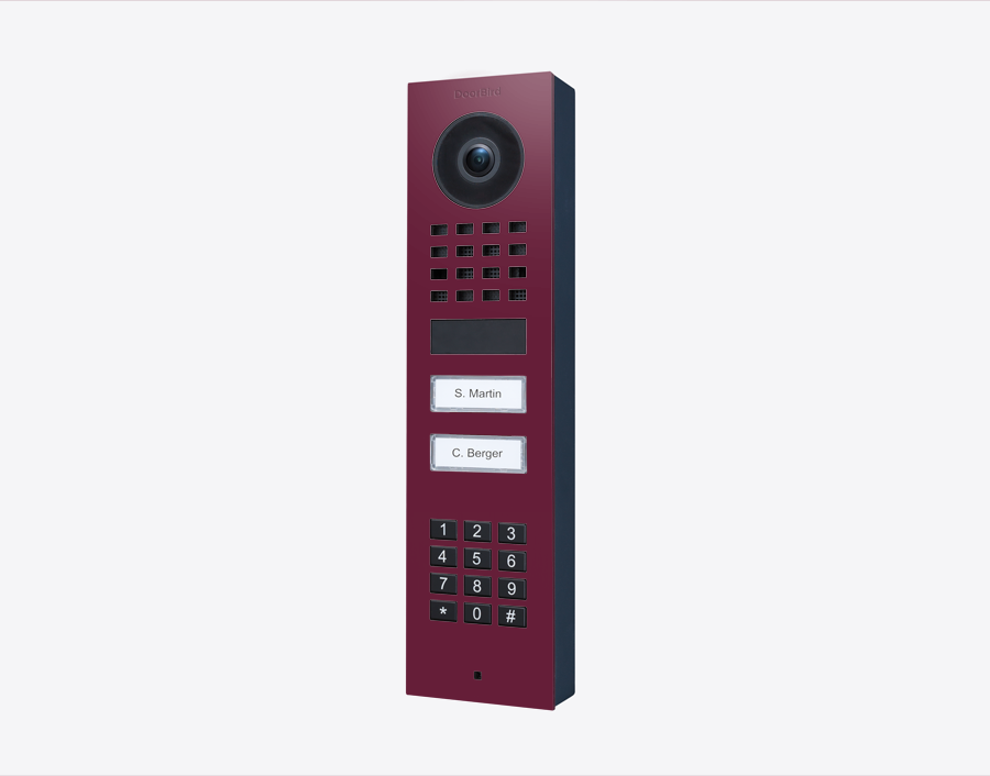 DoorBird surface-mount IP video door station in claret violet with camera and keypad