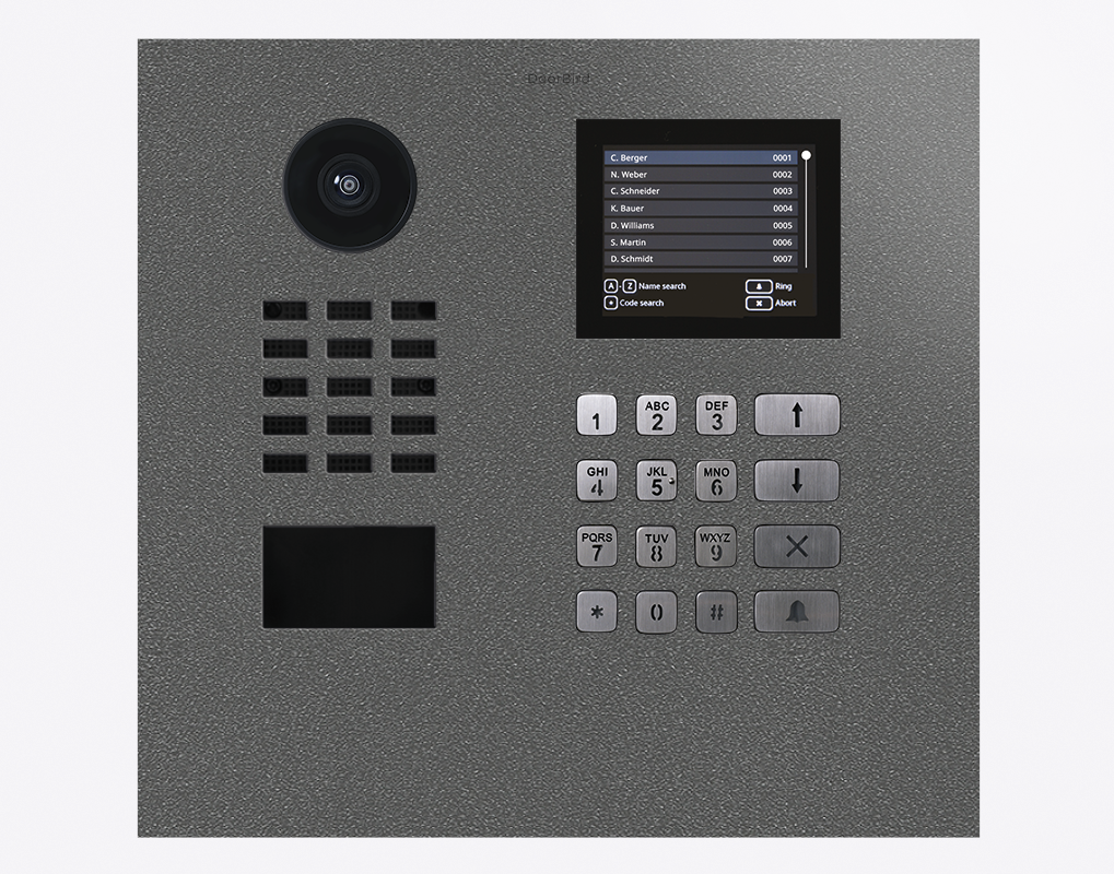 Stainless steel IP video door station with camera, keypad, and display panel