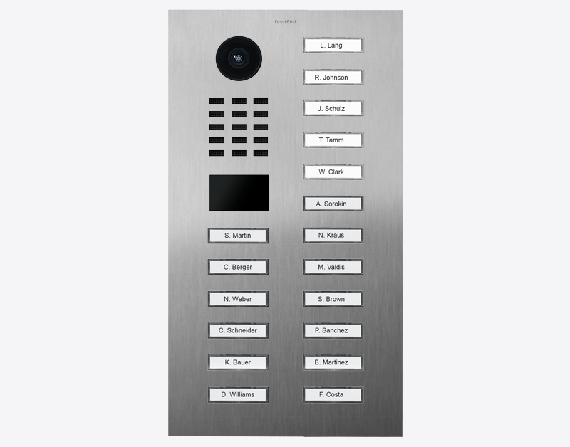 Stainless steel video door station with round camera lens and call button array