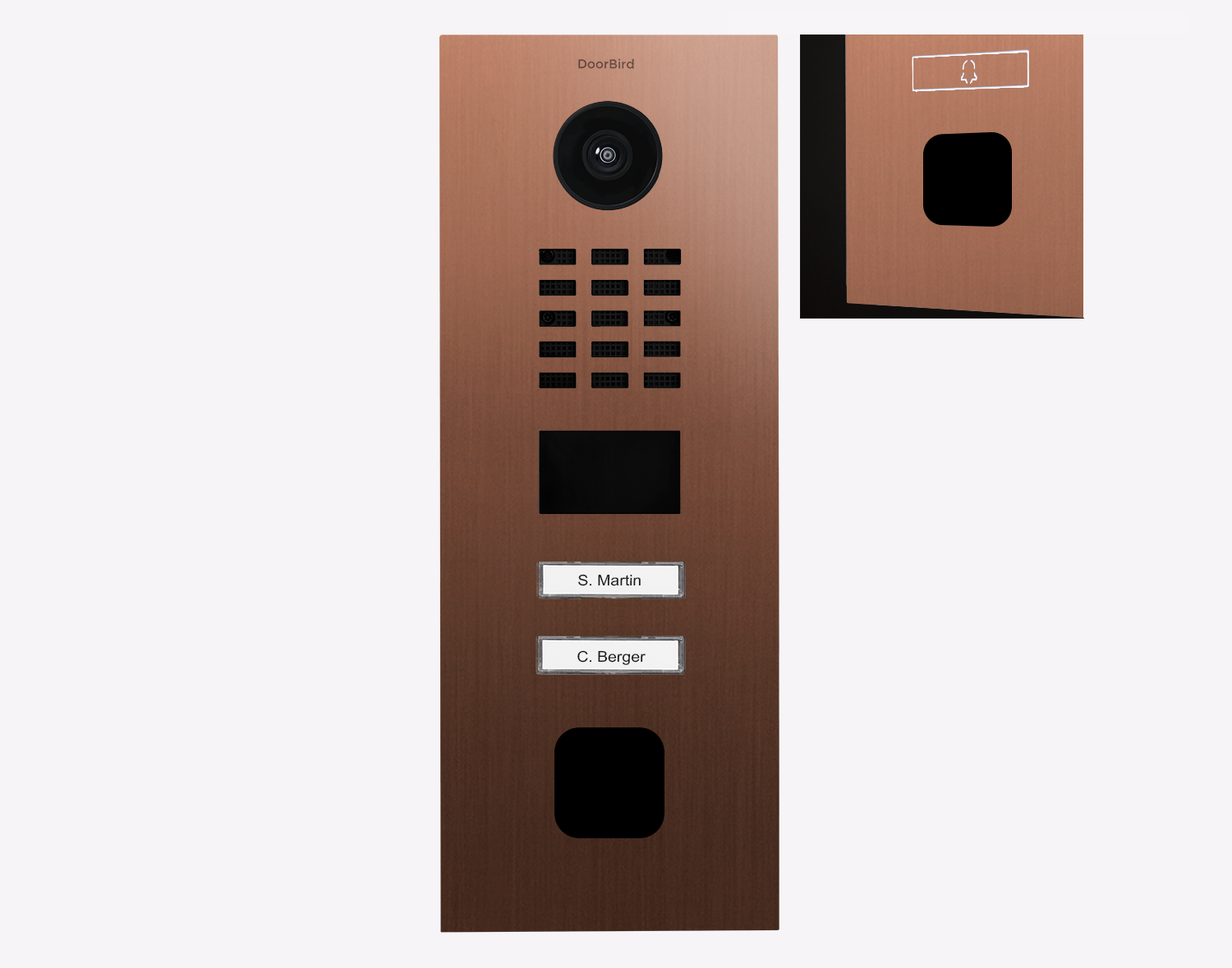 DoorBird bronze IP video door station with camera, keypad, and two call buttons