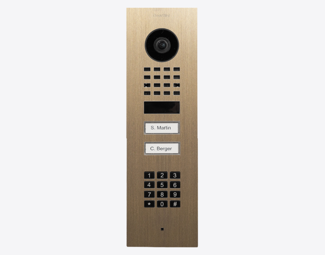 Brass flush-mount IP video door station with camera lens and keypad