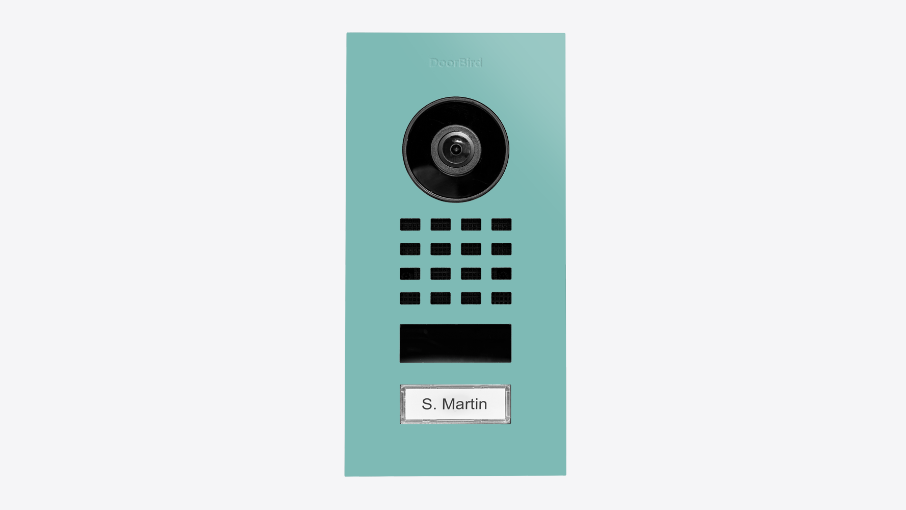 DoorBird flush-mount video intercom in light green with camera lens, keypad, nameplate