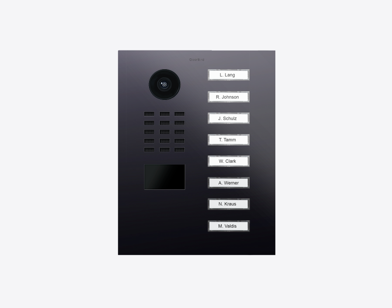 Titanium IP video door station with camera lens, speaker grille, and name call buttons