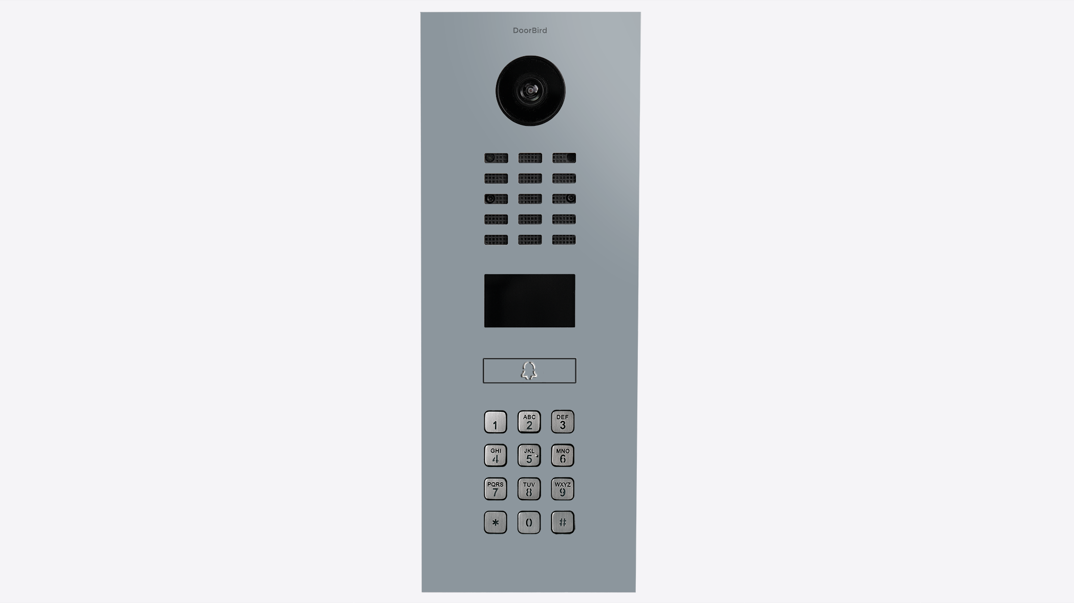 Silver-grey intercom panel close-up with camera, speaker grille, and numeric keypad