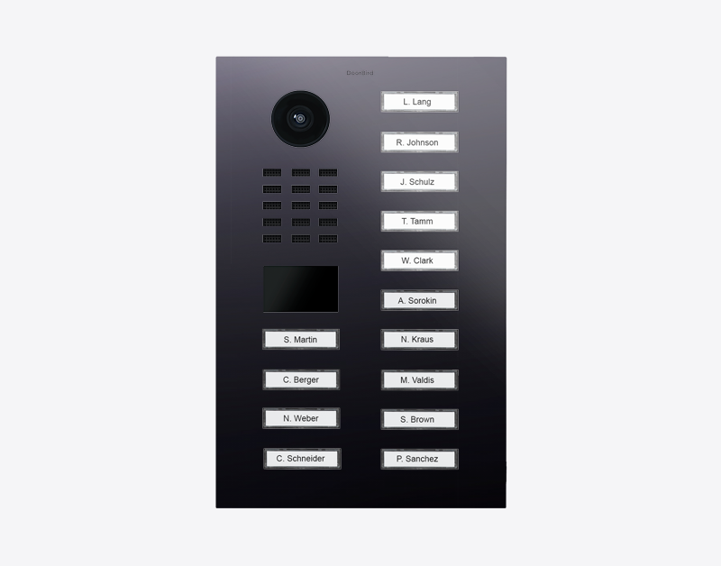 Titanium IP video door station front panel with camera, 14 call buttons, and display window