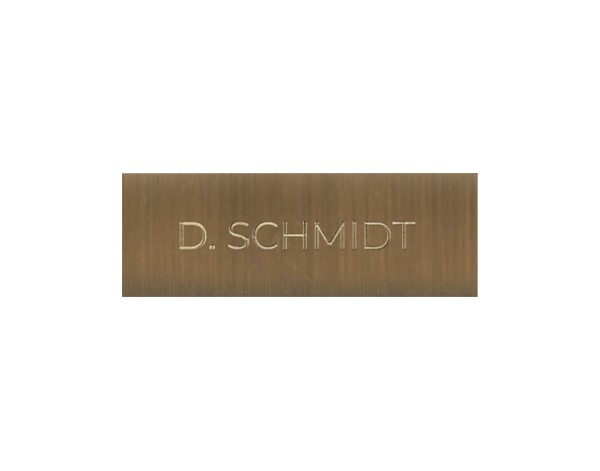 Burnished brass nameplate with engraved 'D. SCHMIDT'