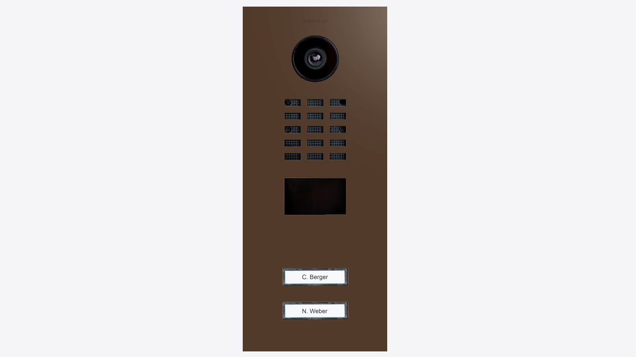 DoorBird video door station, brown panel with camera, grille keypad, and two call buttons