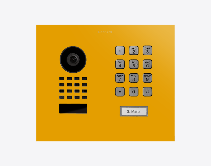 DoorBird sulfur yellow flush-mount IP video door station panel with keypad and camera