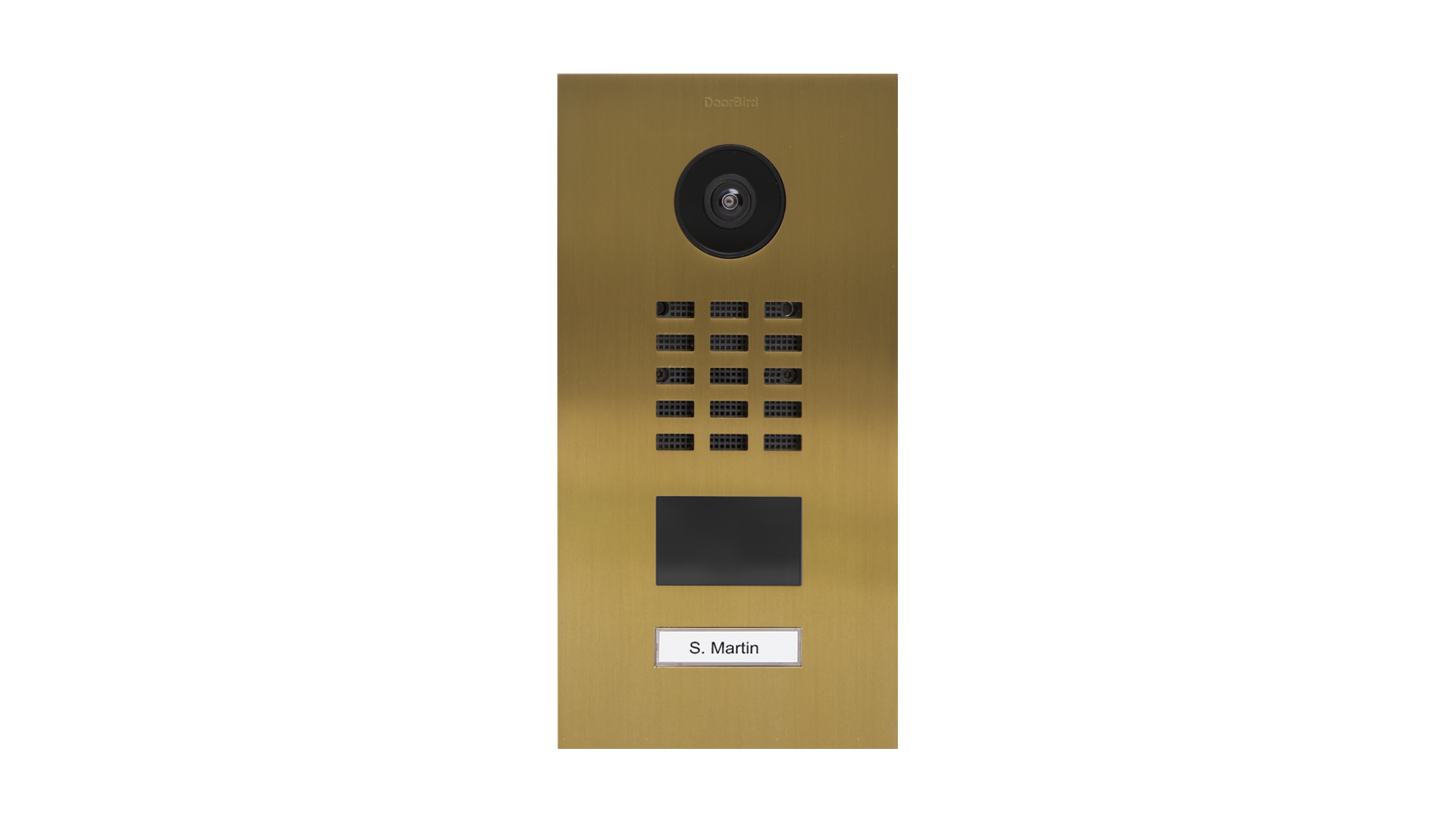 Gold DoorBird video door station with camera, keypad, call button, and S. Martin label