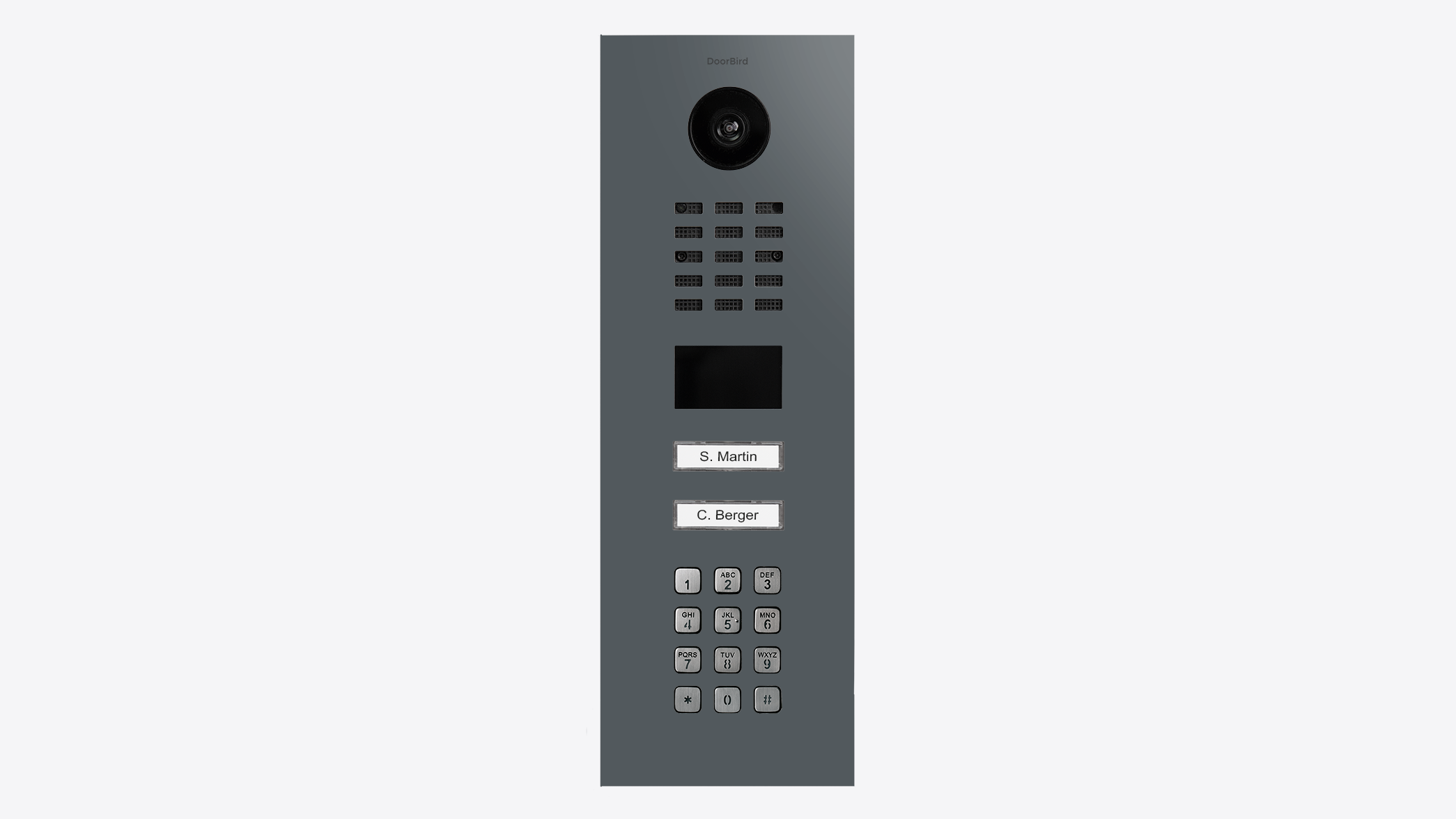 Iron grey door intercom panel with black camera lens, keypad, and small display
