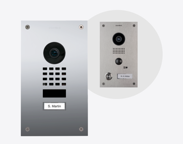 Brushed chrome video door station front with camera, speaker grille, and S. Martin nameplate