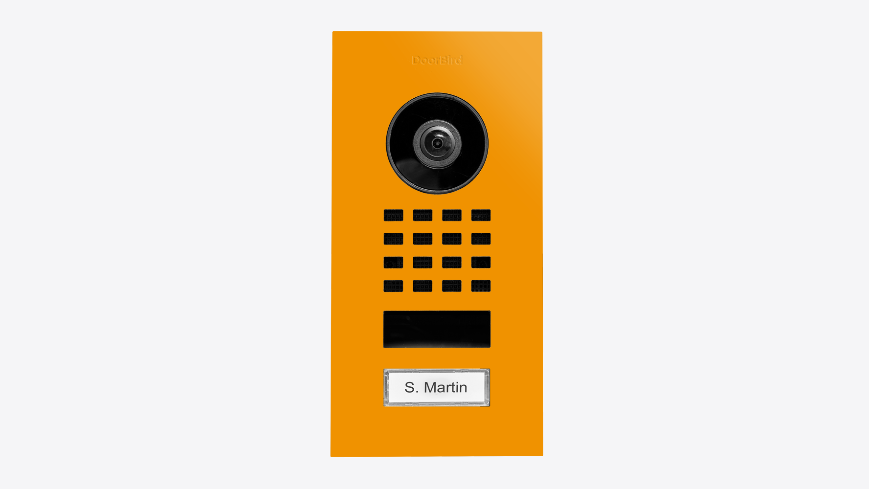 Sun yellow flush-mount DoorBird video intercom with camera, keypad, and nameplate S. Martin