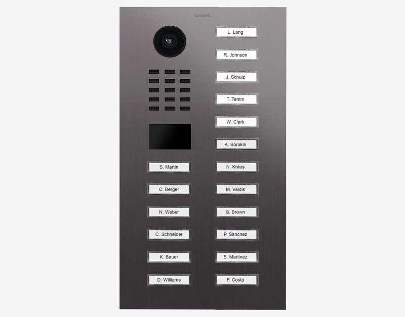 DoorBird video door station front with camera lens and 18 call buttons in titanium