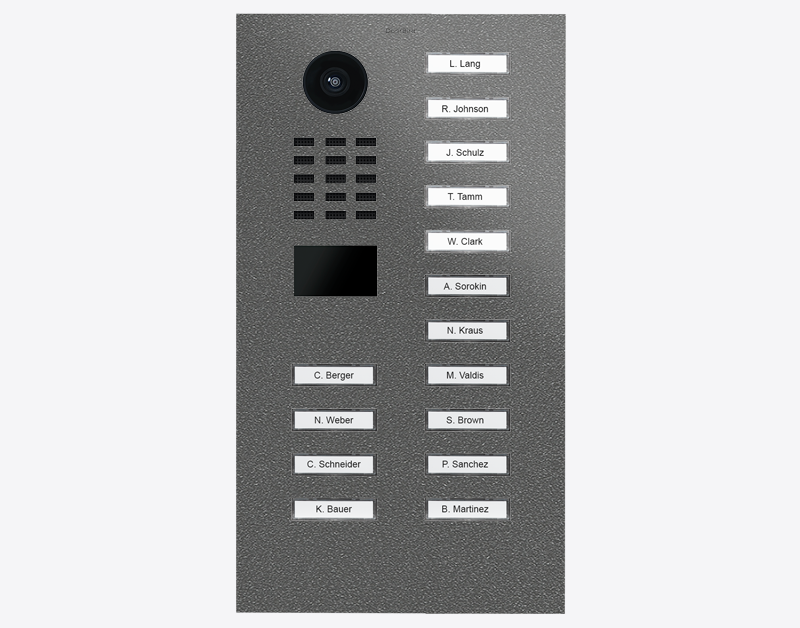 Stainless steel IP video door station with camera lens and 15 call buttons