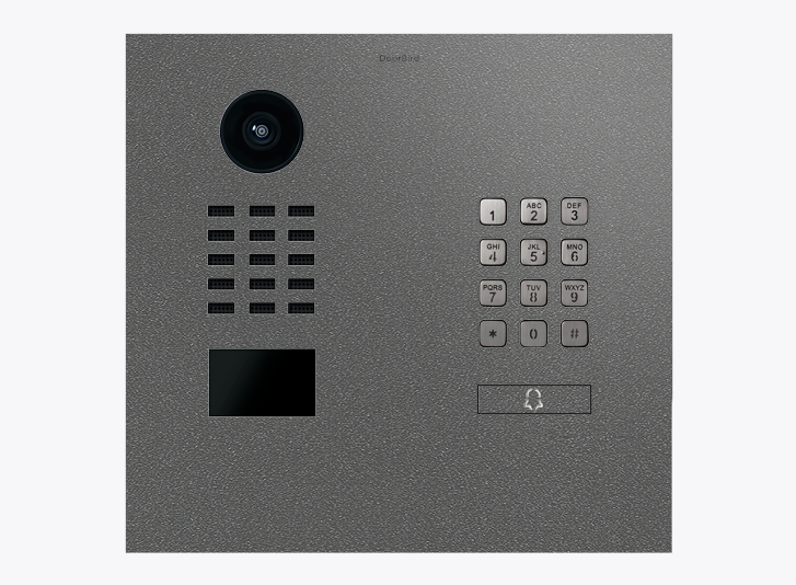 Stainless steel IP video door station with camera lens, call buttons and numeric keypad