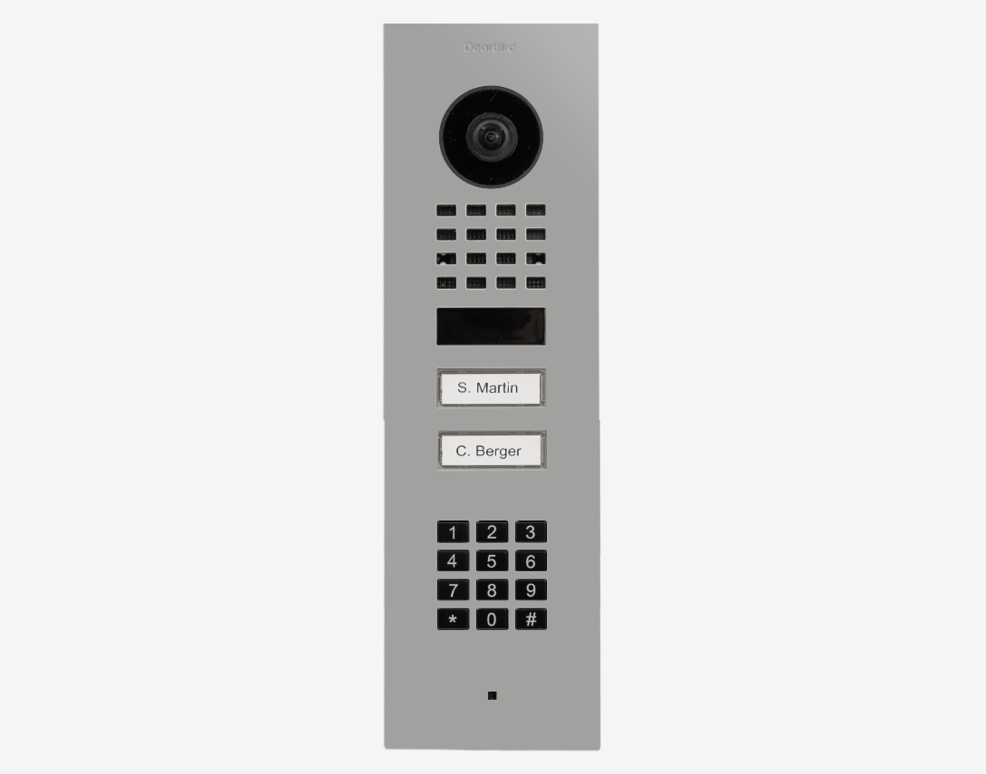 White aluminum flush-mount video door station panel with camera and keypad