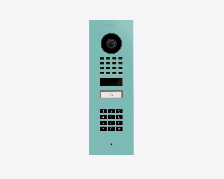 DoorBird flush mount IP video door station in light green with keypad and call button