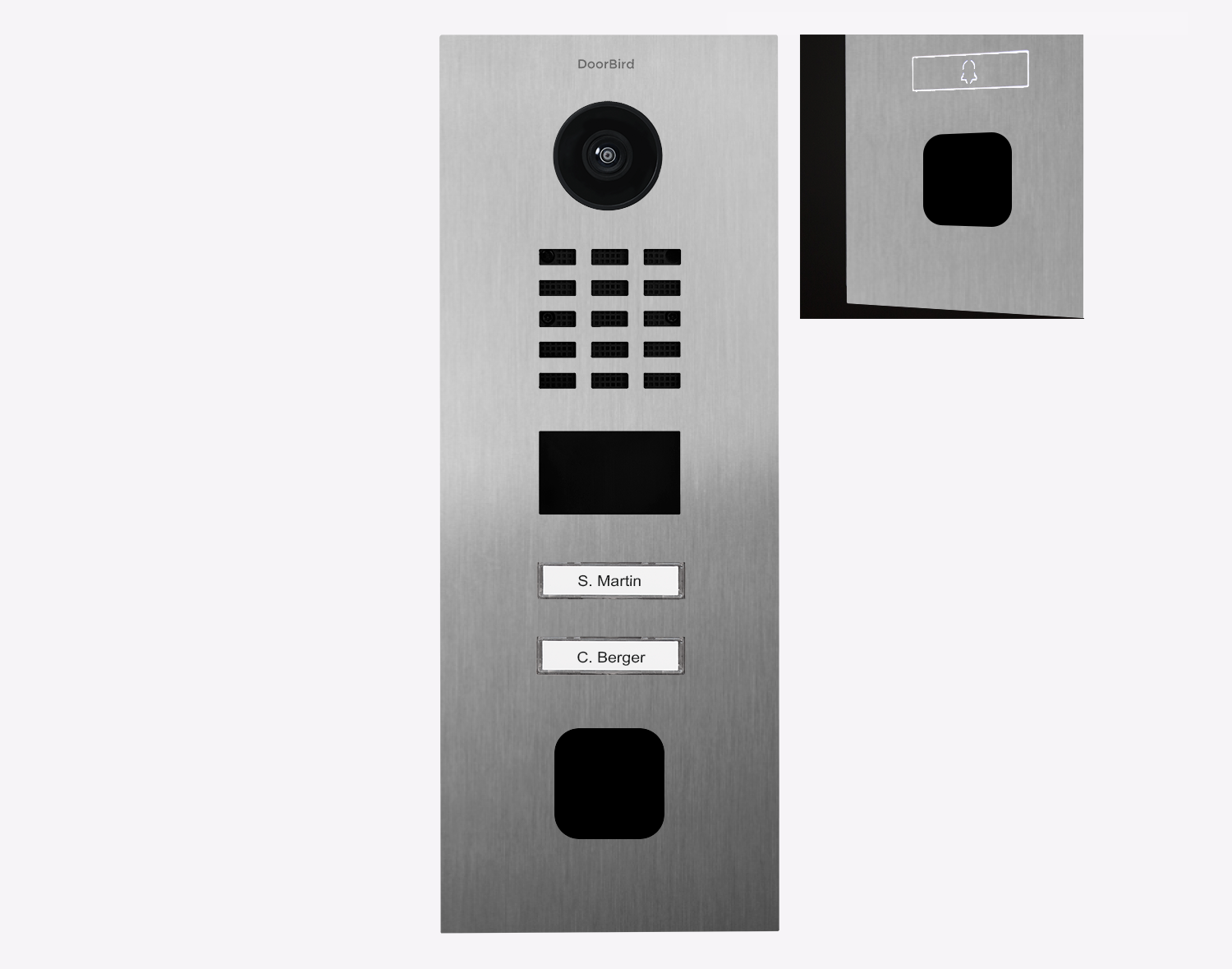 Stainless steel IP video door station with DoorBird logo, keypad, and two call buttons