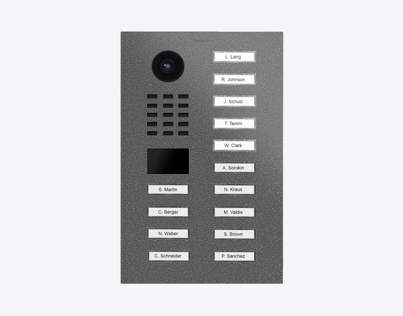 DoorBird stainless steel video door station with 14 call buttons and camera lens