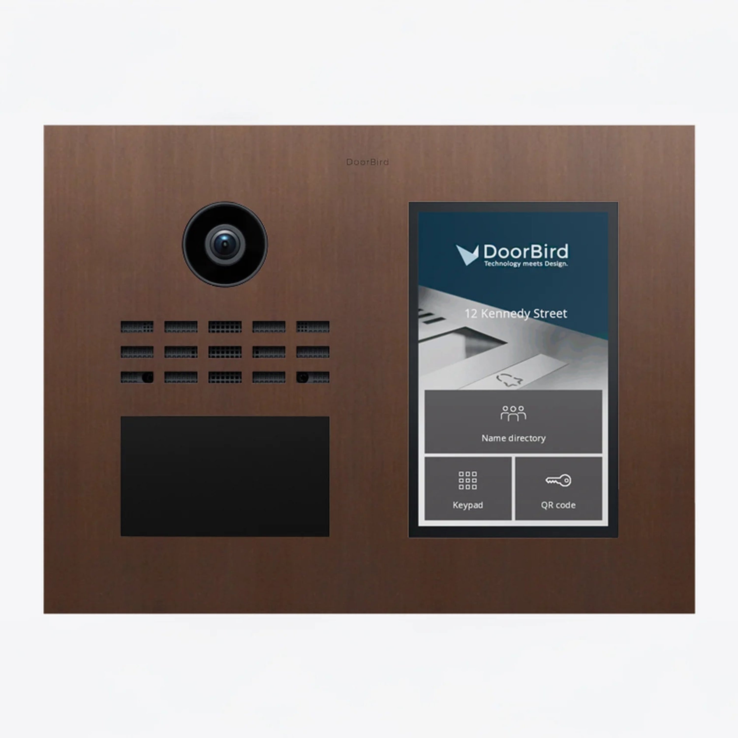 DoorBird bronze video intercom panel with camera, speaker grille, and address screen