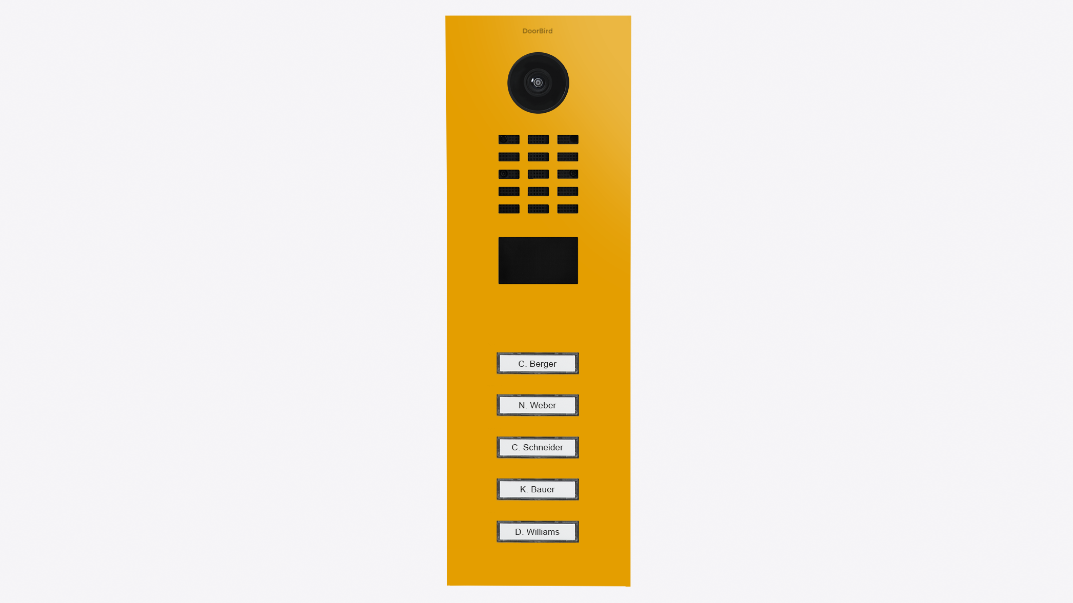 IP video door station panel with camera, speaker grille, and 5 call button labels, golden yellow