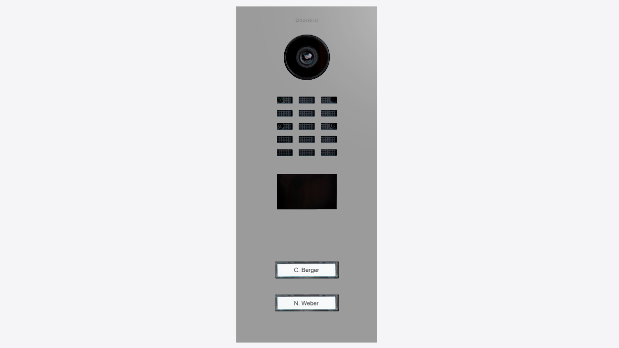 DoorBird video door station faceplate, gray with camera and nameplate call buttons