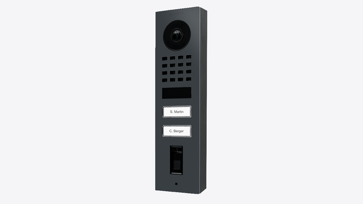 DoorBird video door station intercom panel, dark finish, camera, keypad, and name labels