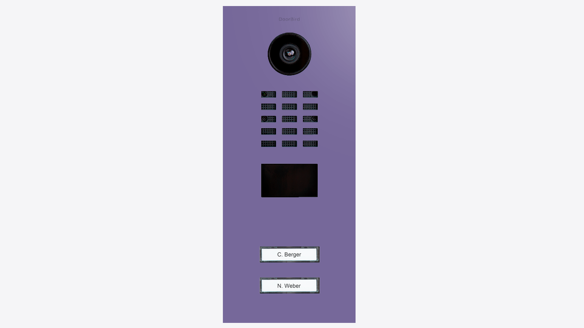 Blue lilac IP video door station front with camera lens and call buttons grid