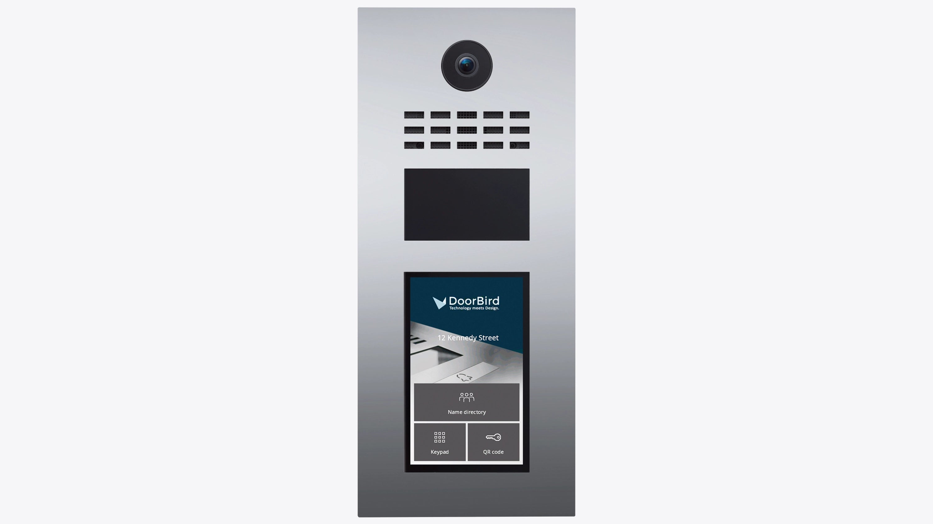 DoorBird D31TDV IP video intercom panel with camera, speaker grille, and screen