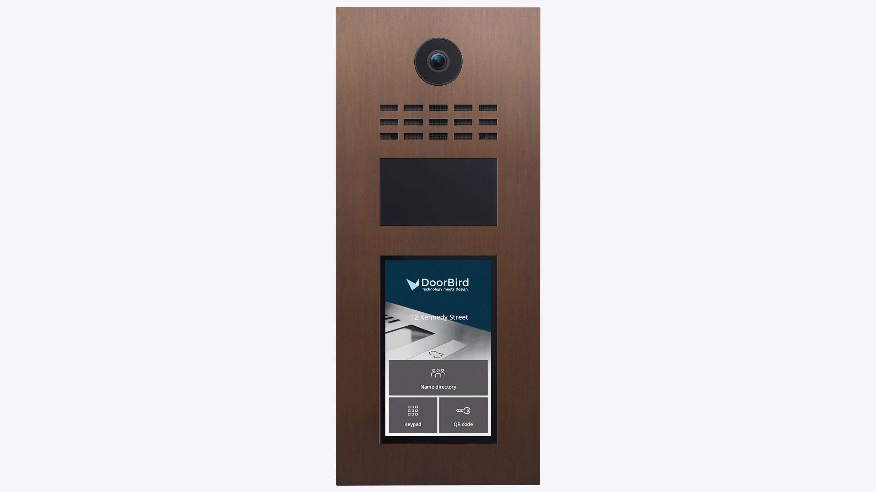 DoorBird IP video intercom door station in architectural bronze with camera and keypad