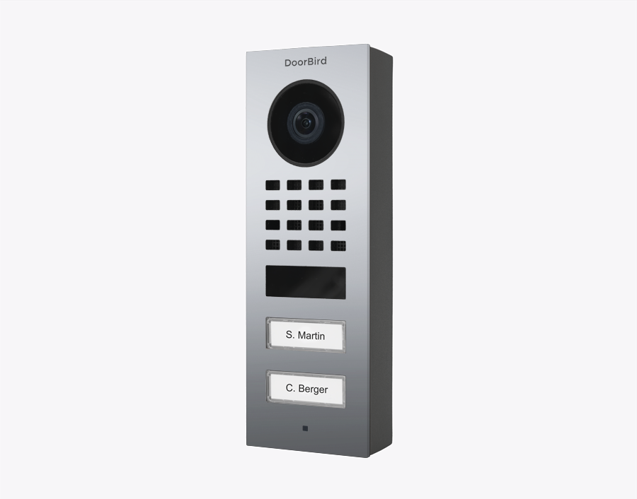 Chrome IP video door station with camera, speaker grille, and call buttons S. Martin