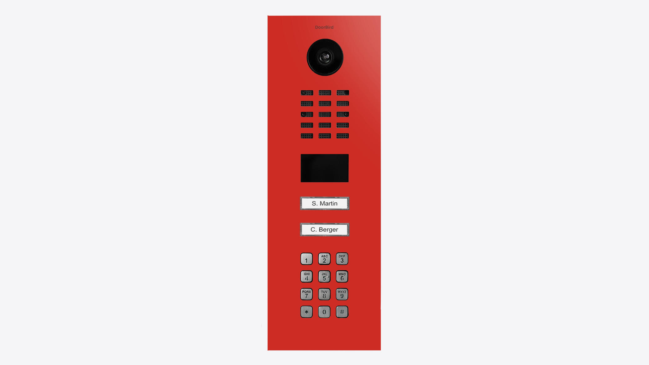 Red IP video door station with camera, speaker grille, keypad and two call buttons