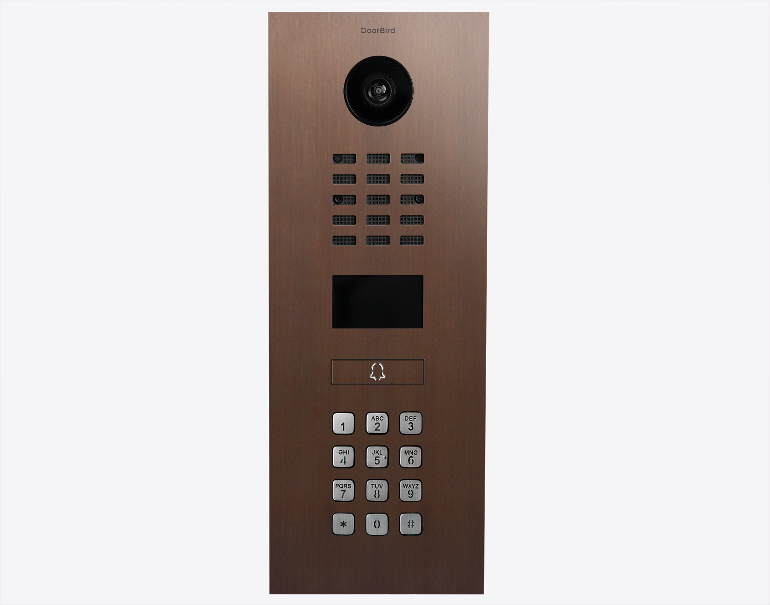 DoorBird video door intercom panel in architectural bronze, keypad and camera lens