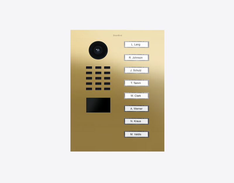 DoorBird D2108V brass IP video door station with camera lens and 8 call buttons