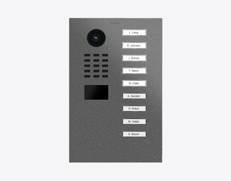 Stainless steel video door station with camera lens and nine labeled call buttons