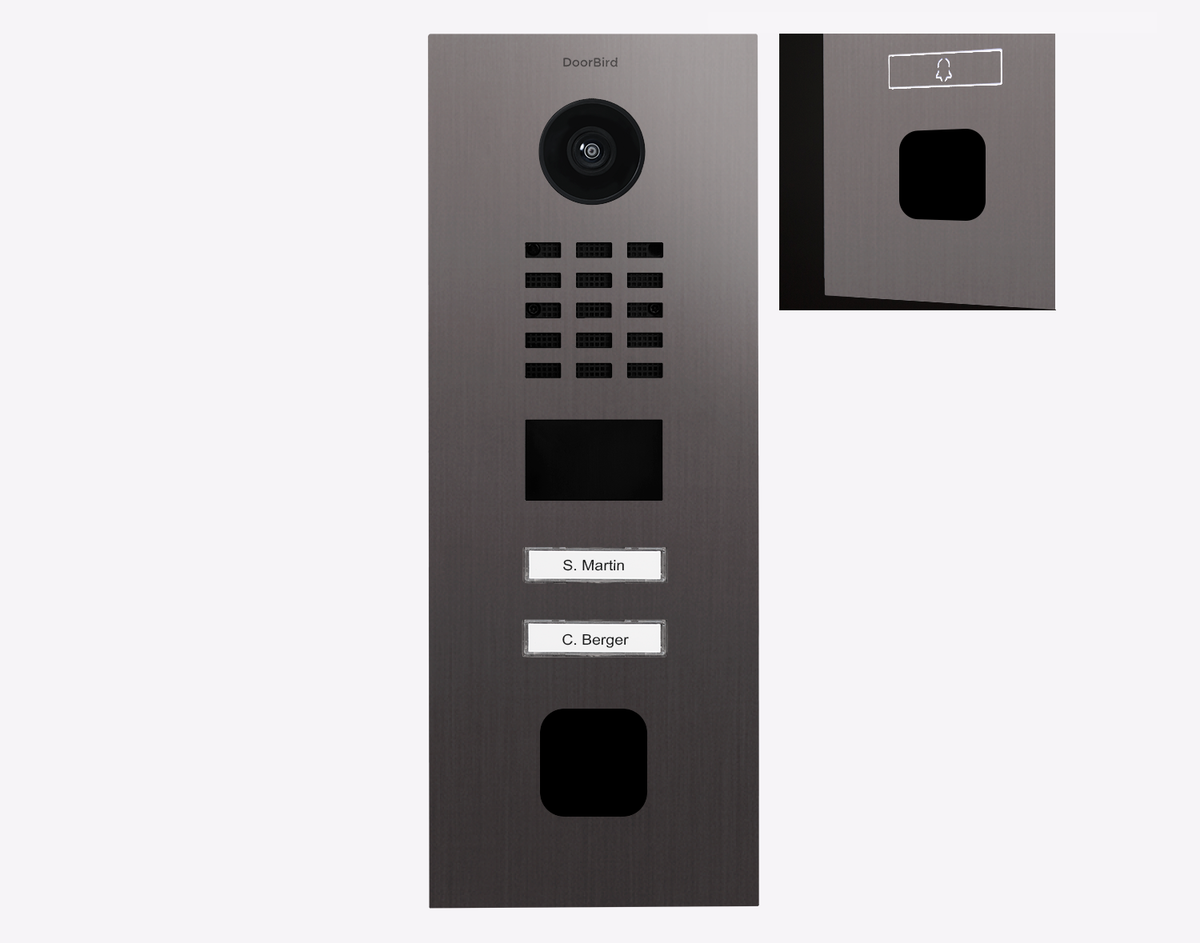 DoorBird titanium IP video door station with camera, keypad, and two call buttons