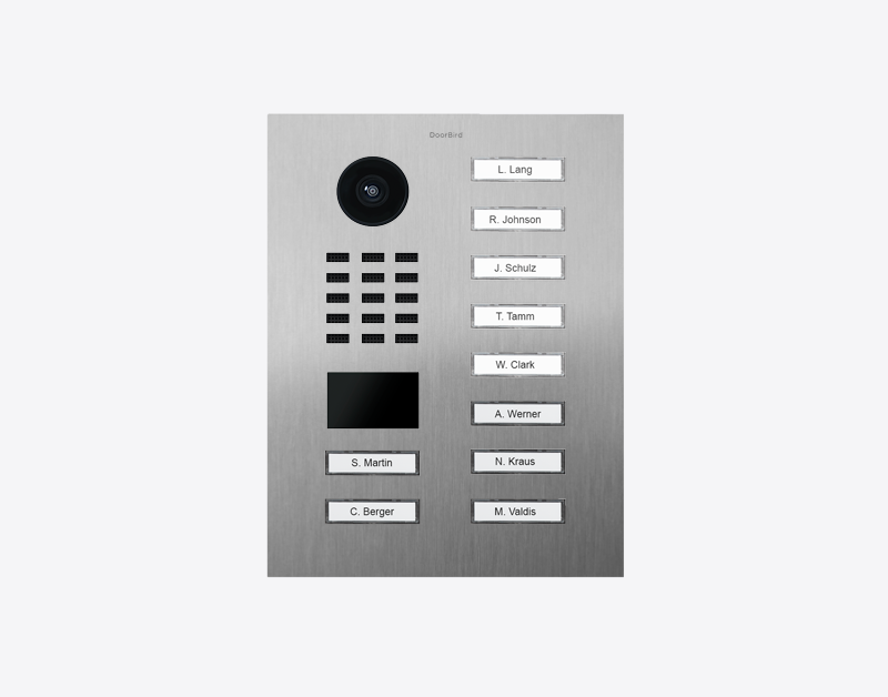 DoorBird stainless steel video door station with camera lens and 10 name call buttons