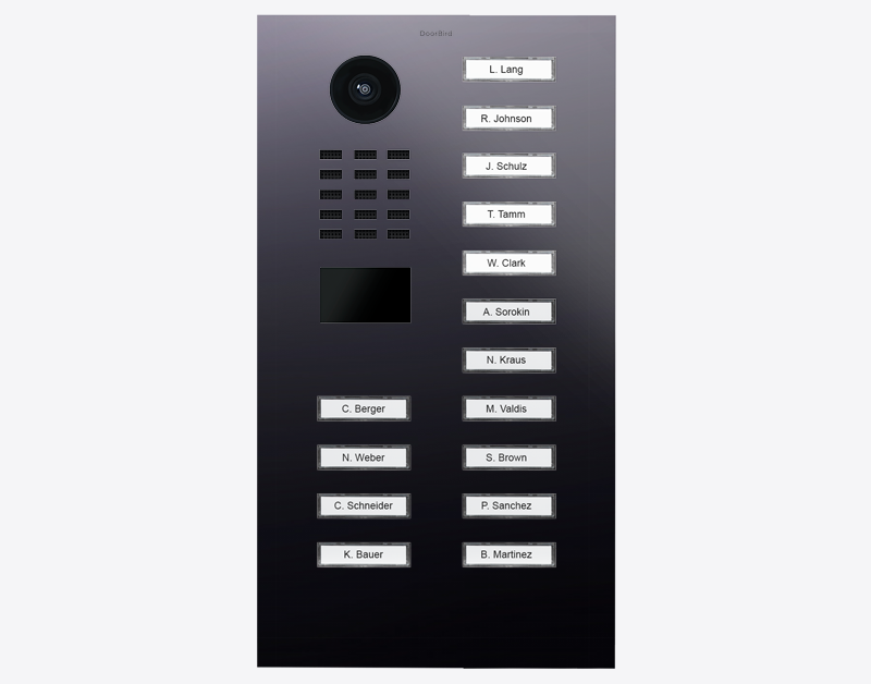 DoorBird D2115V video door station with camera and 15 call buttons, dark front panel
