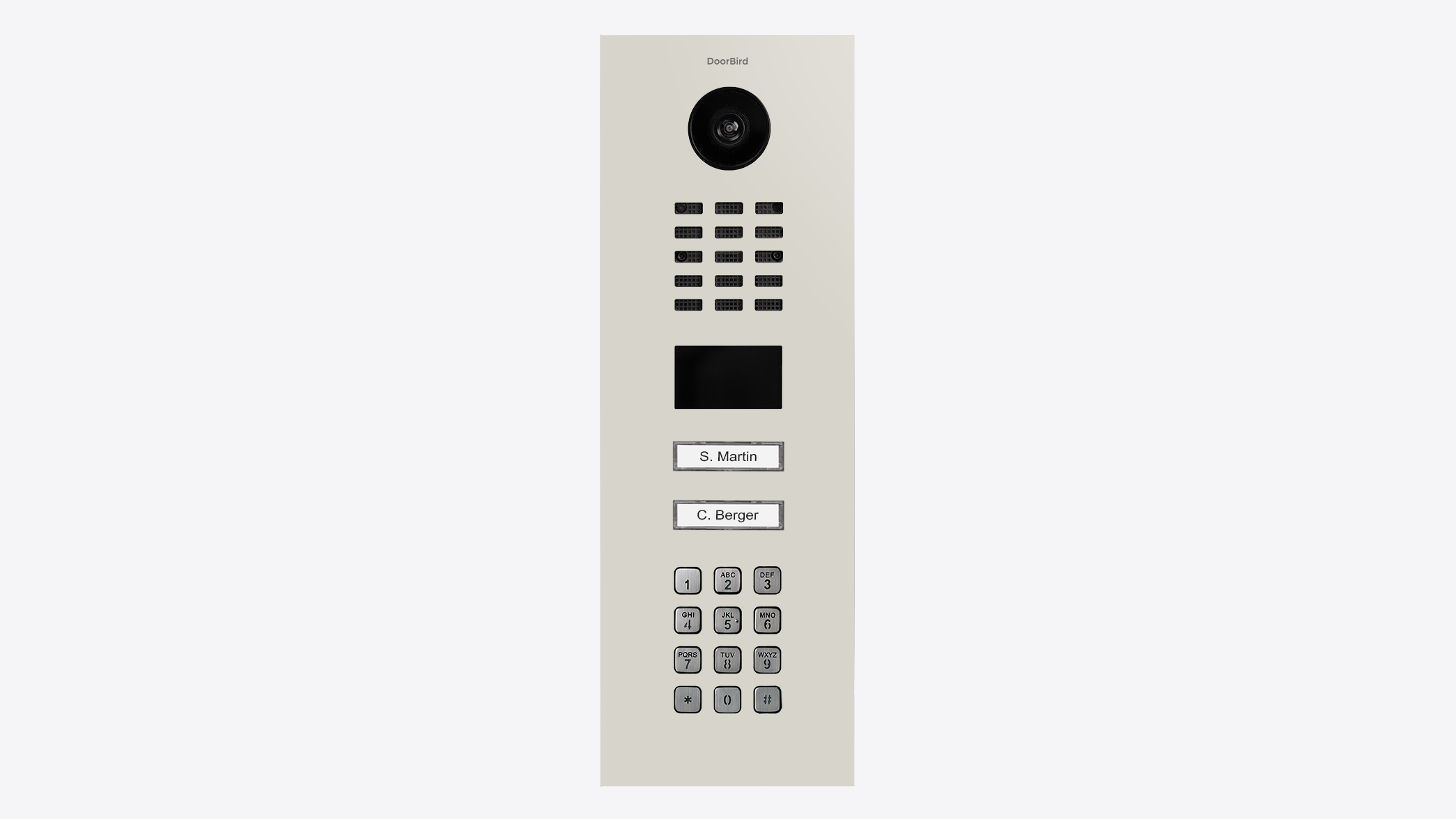 Grey-white video door station panel showing camera and keypad label buttons