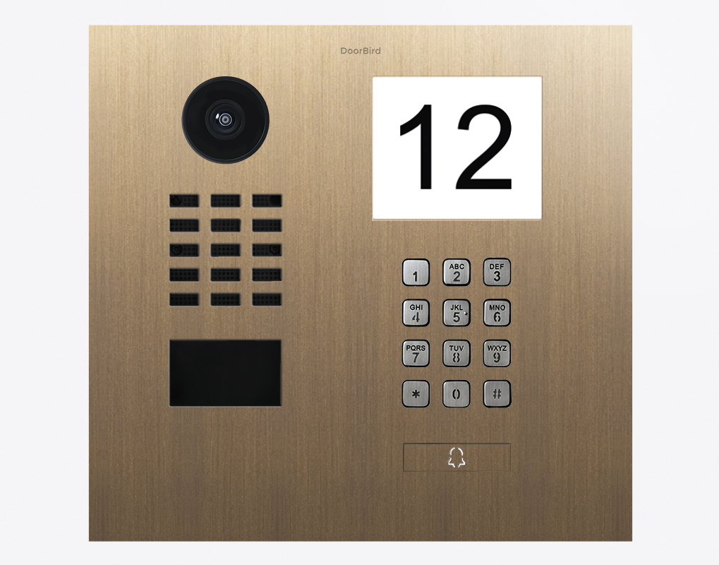 DoorBird brass IP video door station with camera, keypad, and display