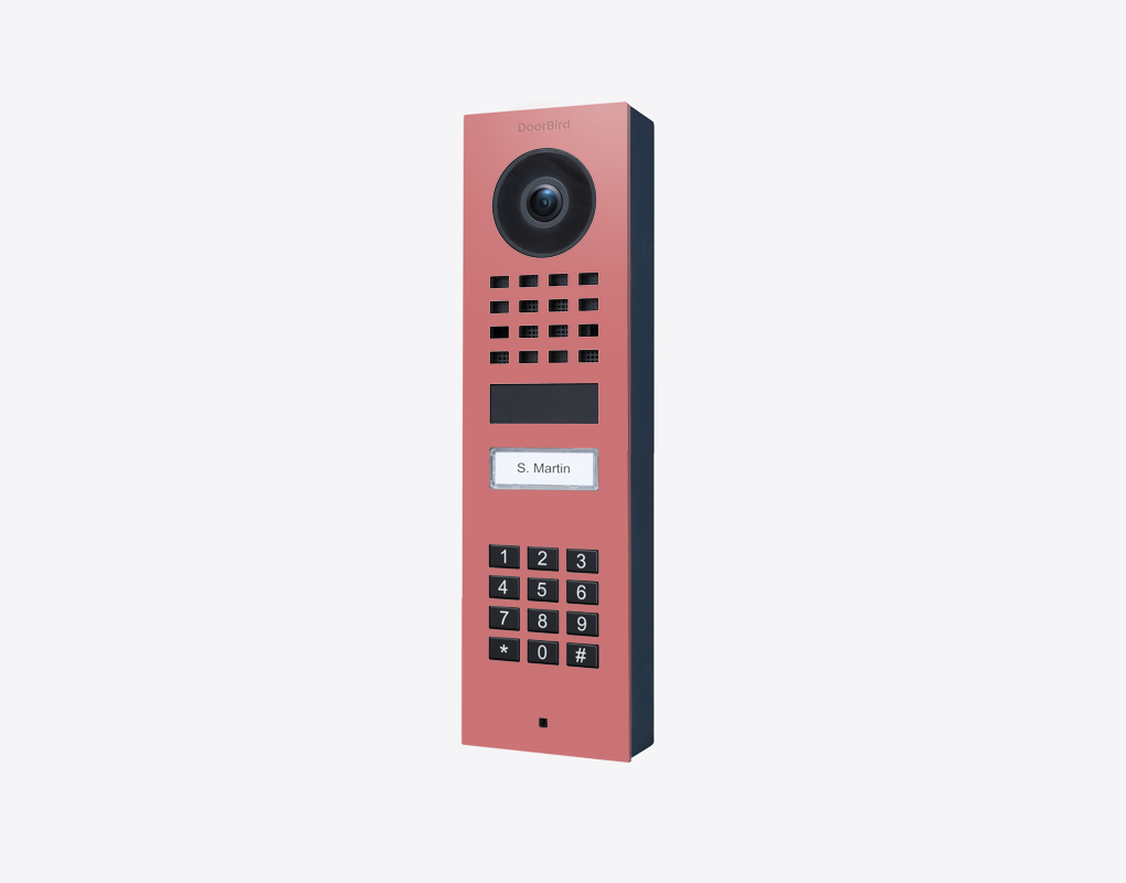 DoorBird surface-mount IP video door station in antique pink with camera and keypad