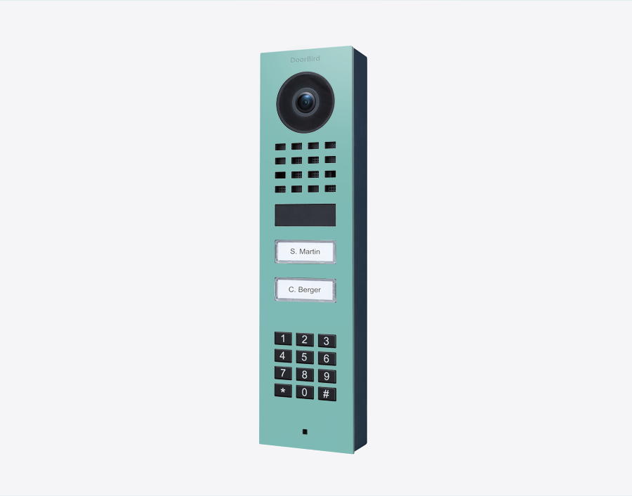 DoorBird light green surface-mount IP video door station with camera and two call buttons