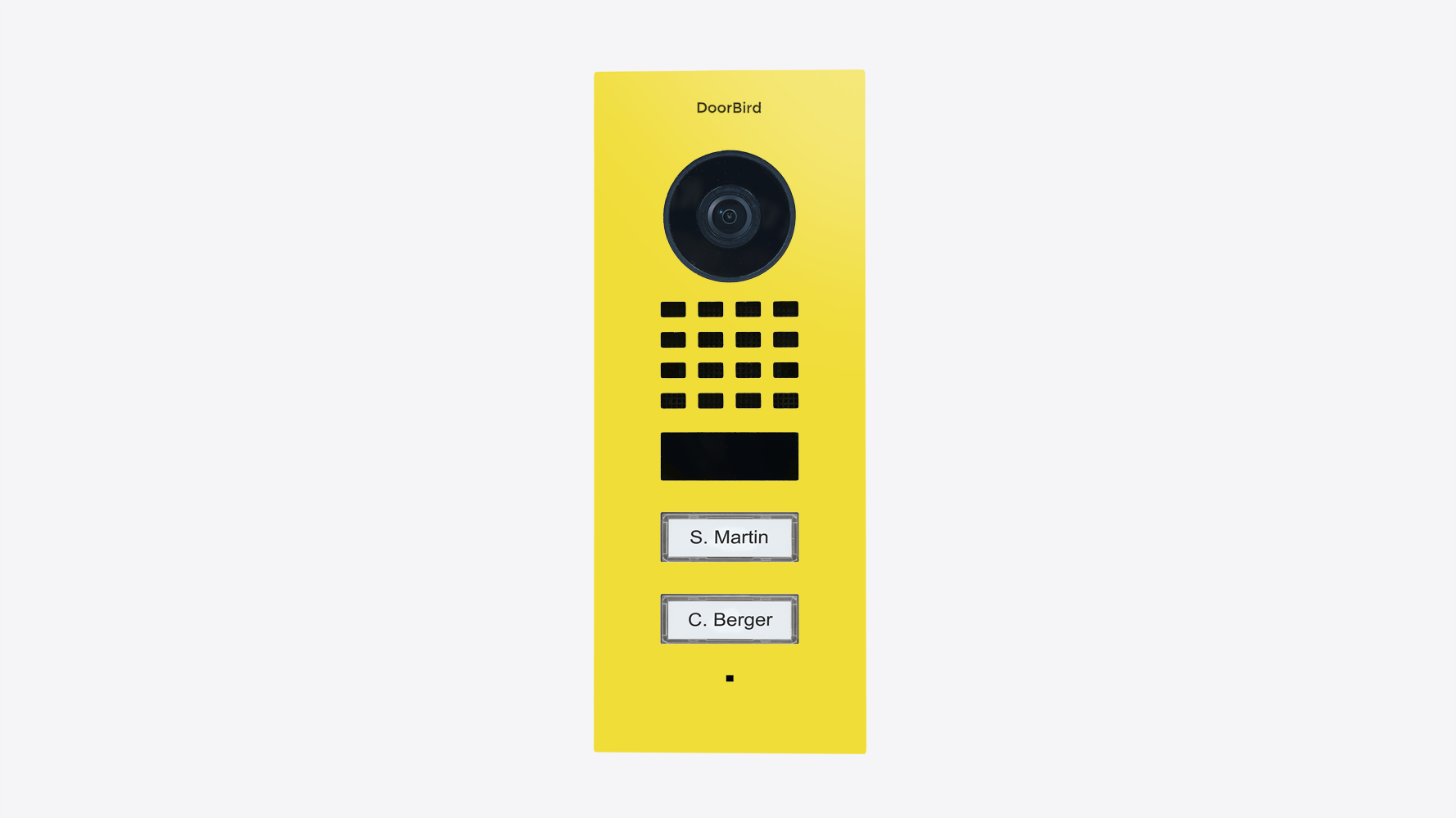 DoorBird flush-mount IP video door station in yellow, with camera and speaker grille