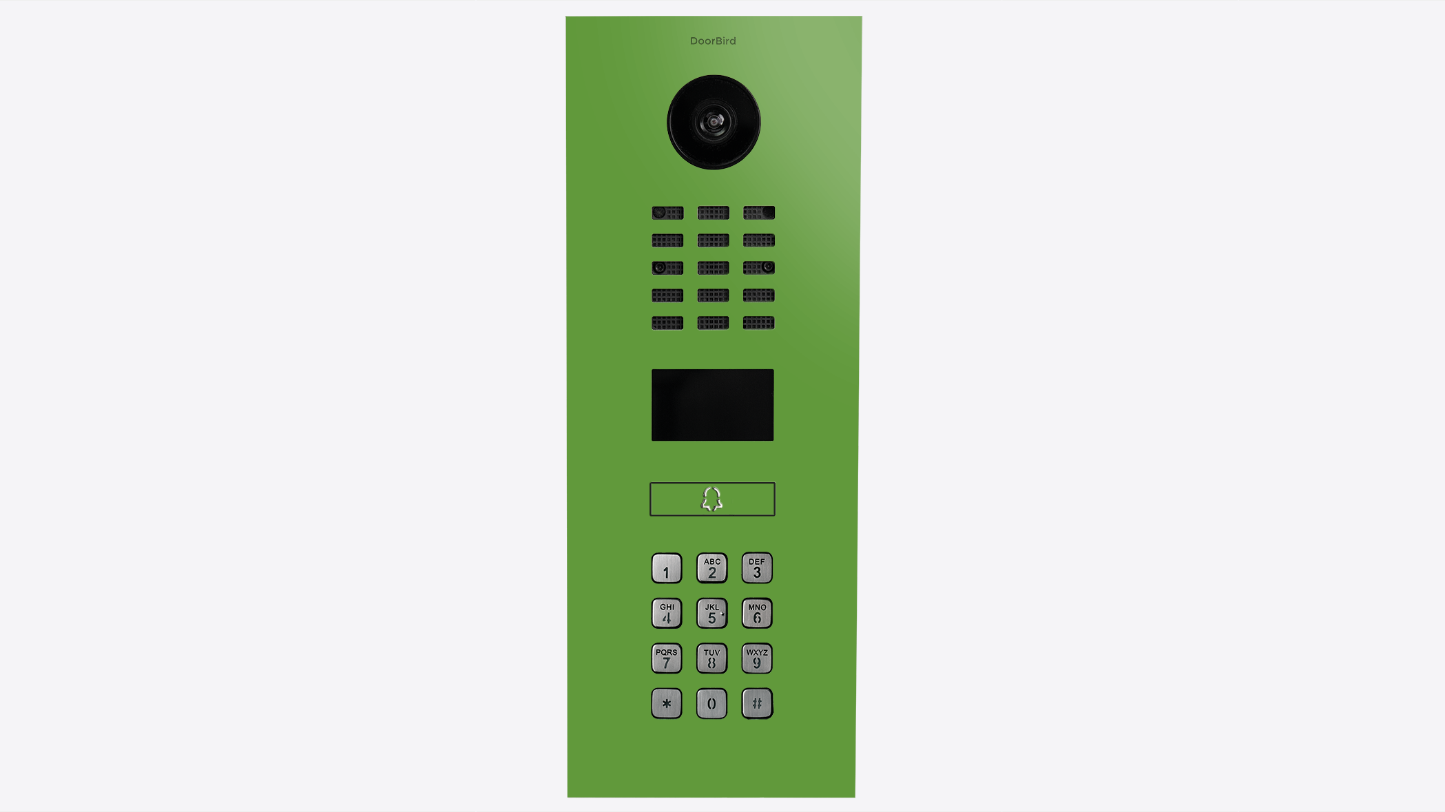 Green DoorBird intercom front panel with camera lens, speaker grille, and number keypad