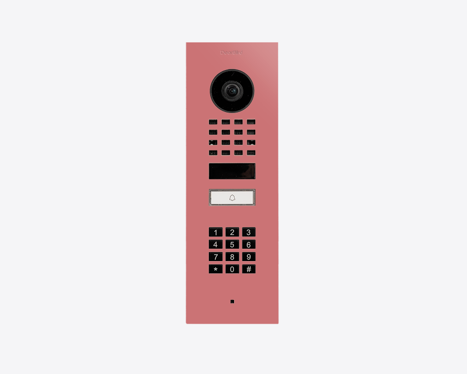 Antique pink flush-mount IP video door station with camera lens and keypad