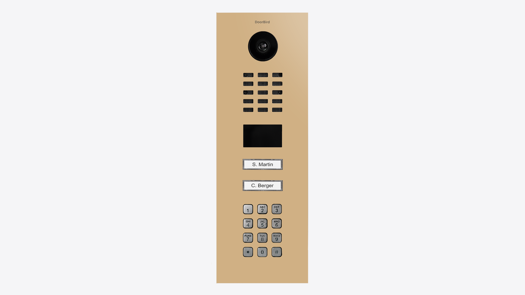 DoorBird beige IP video door station with camera, keypad, and two call buttons