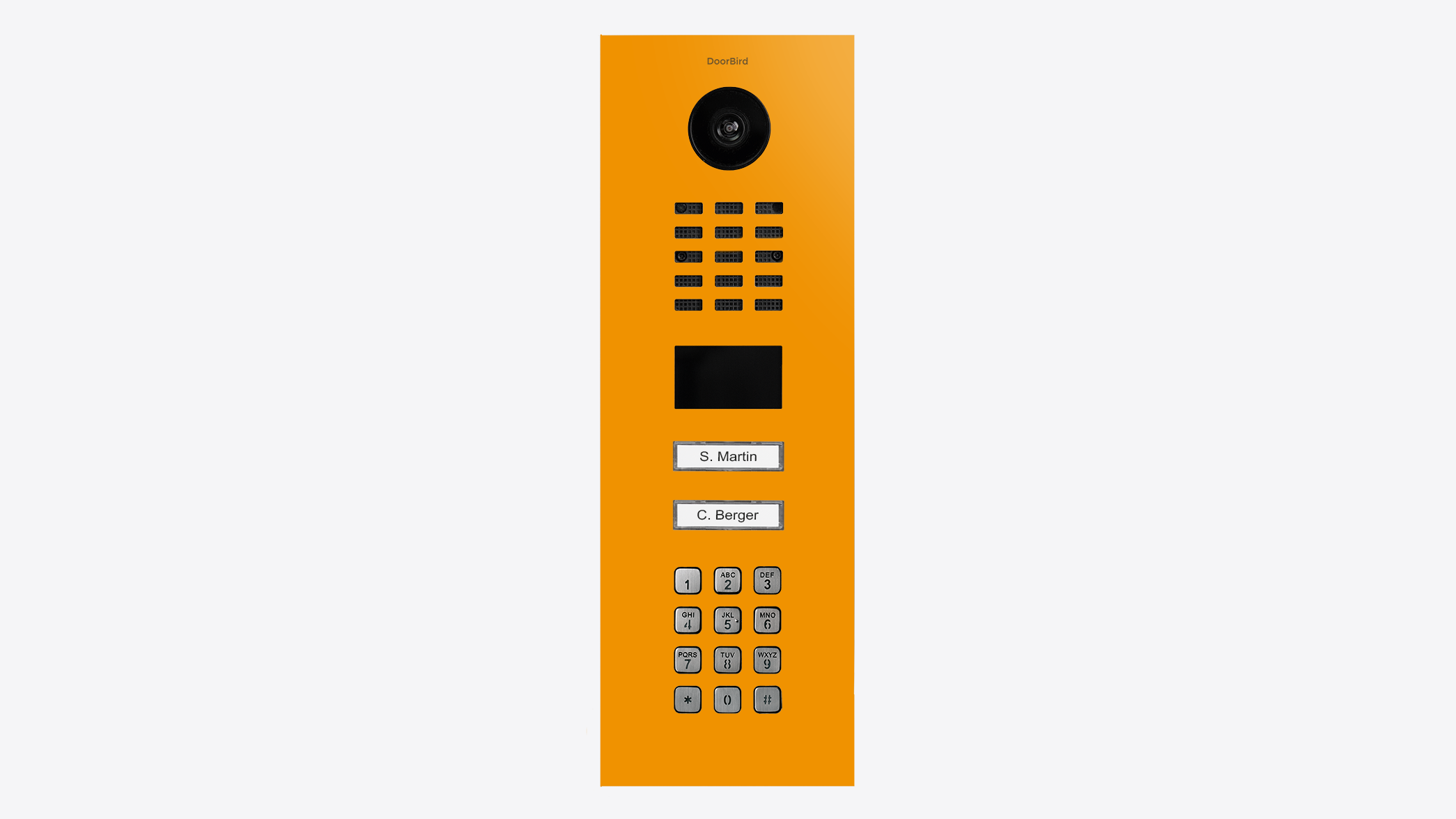 DoorBird IP video door station in sun yellow with camera, speaker grille, and keypad