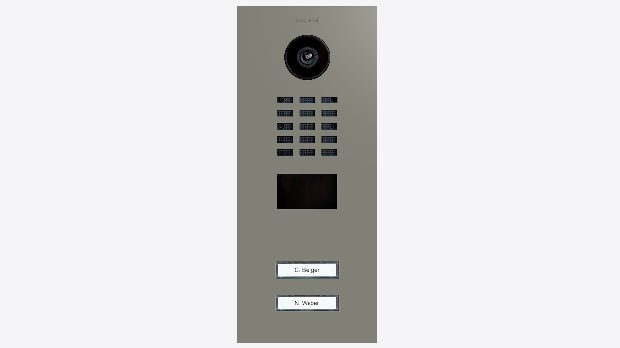 Concrete-grey DoorBird video door station with camera, button grid, and name labels